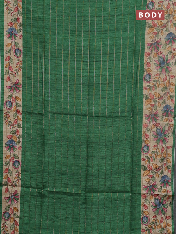 Semi tussar saree green and beige with allover zari checked pattern and kalamkari printed pallu