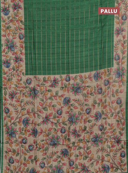 Semi tussar saree green and beige with allover zari checked pattern and kalamkari printed pallu