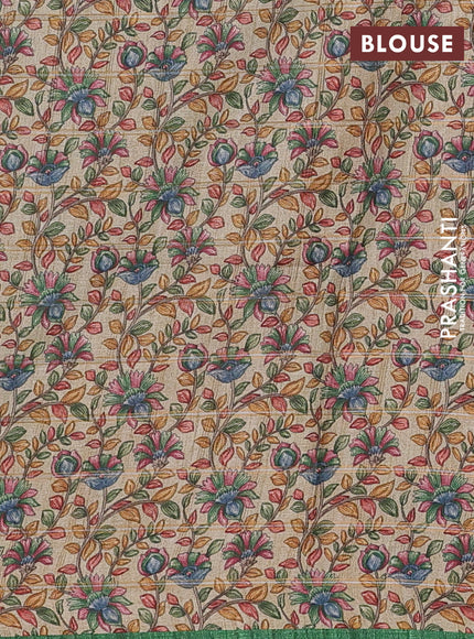 Semi tussar saree green and beige with allover zari checked pattern and kalamkari printed pallu