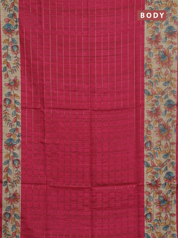 Semi tussar saree pink and beige with allover zari checked pattern and kalamkari printed pallu