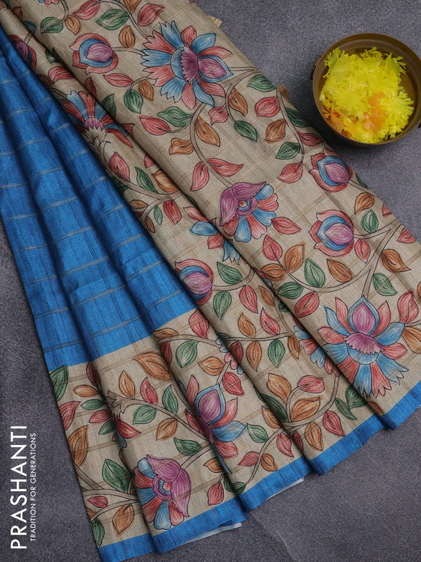 Semi tussar saree cs blue and beige with allover zari checked pattern and kalamkari printed pallu
