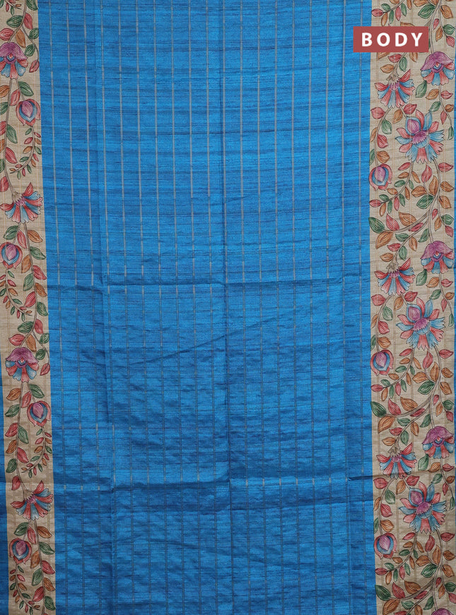 Semi tussar saree cs blue and beige with allover zari checked pattern and kalamkari printed pallu