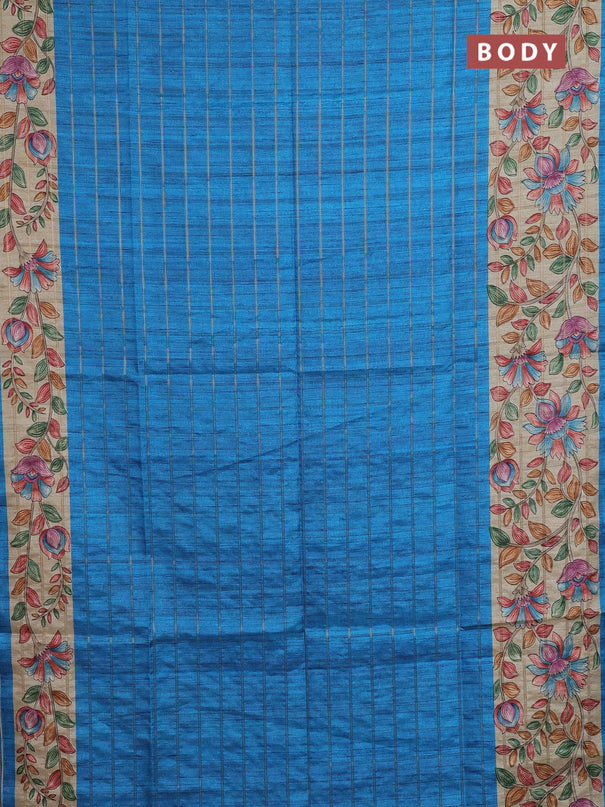 Semi tussar saree cs blue and beige with allover zari checked pattern and kalamkari printed pallu