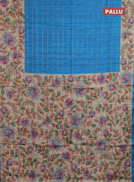 Semi tussar saree cs blue and beige with allover zari checked pattern and kalamkari printed pallu