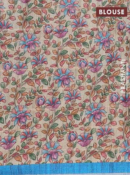 Semi tussar saree cs blue and beige with allover zari checked pattern and kalamkari printed pallu