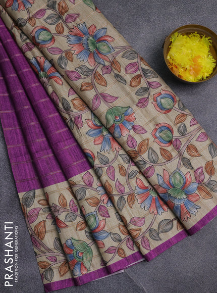 Semi tussar saree purple and beige with allover zari checked pattern and kalamkari printed pallu