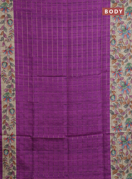 Semi tussar saree purple and beige with allover zari checked pattern and kalamkari printed pallu