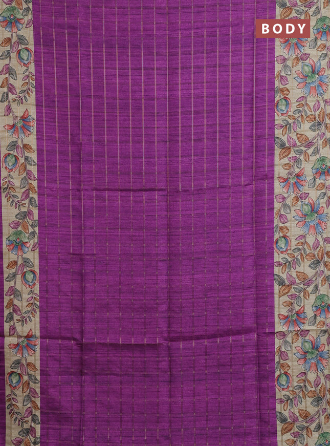 Semi tussar saree purple and beige with allover zari checked pattern and kalamkari printed pallu