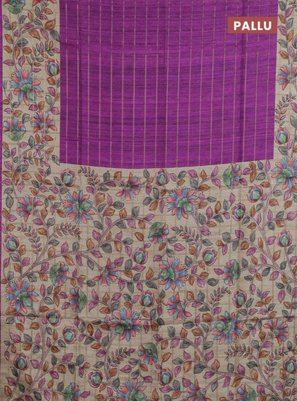 Semi tussar saree purple and beige with allover zari checked pattern and kalamkari printed pallu