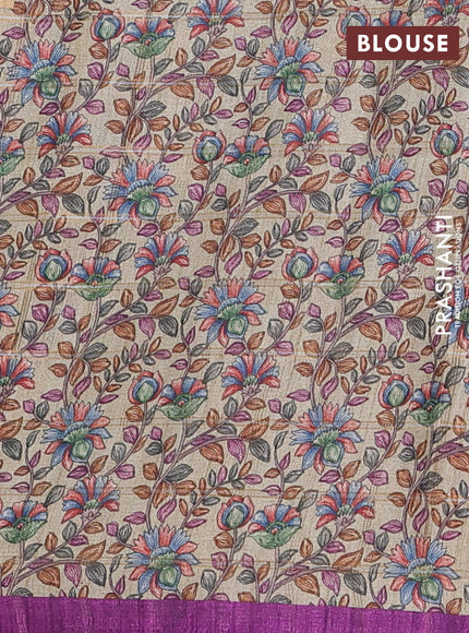 Semi tussar saree purple and beige with allover zari checked pattern and kalamkari printed pallu