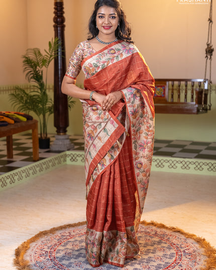 Semi tussar saree rust shade and beige with allover zari checked pattern and kalamkari printed pallu
