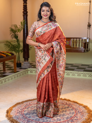 Semi tussar saree rust shade and beige with allover zari checked pattern and kalamkari printed pallu