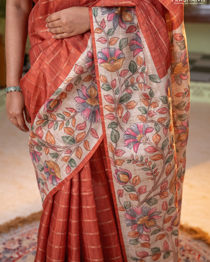 Semi tussar saree rust shade and beige with allover zari checked pattern and kalamkari printed pallu