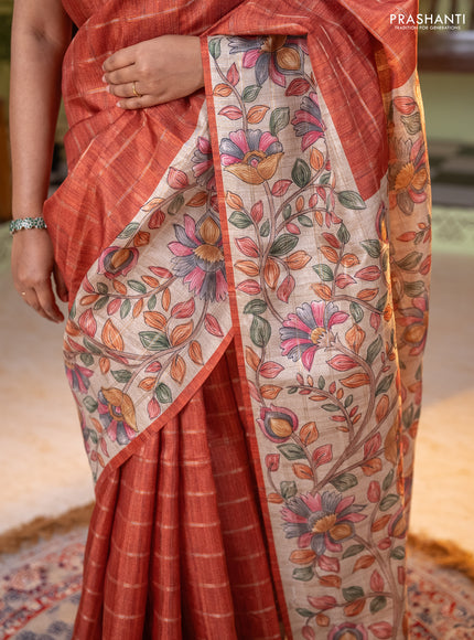 Semi tussar saree rust shade and beige with allover zari checked pattern and kalamkari printed pallu