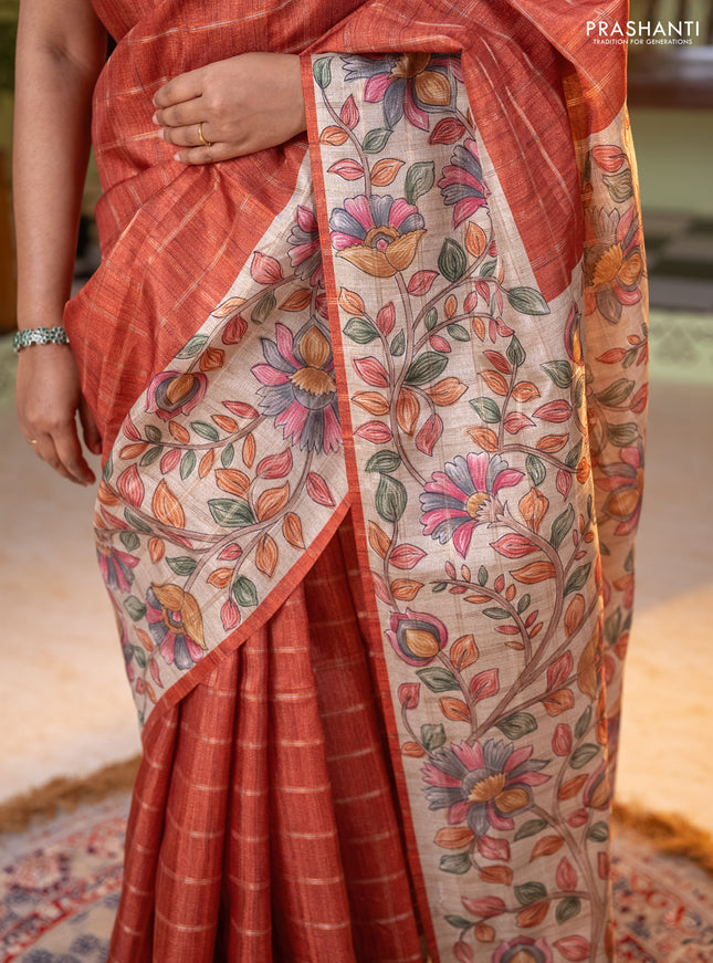 Semi tussar saree rust shade and beige with allover zari checked pattern and kalamkari printed pallu