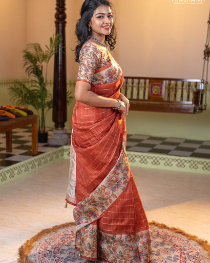 Semi tussar saree rust shade and beige with allover zari checked pattern and kalamkari printed pallu