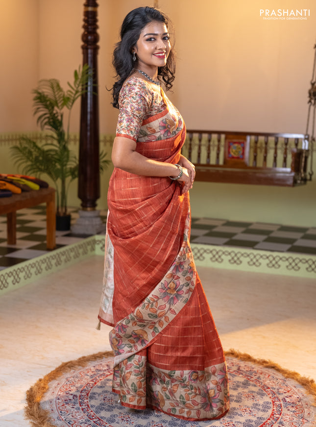 Semi tussar saree rust shade and beige with allover zari checked pattern and kalamkari printed pallu