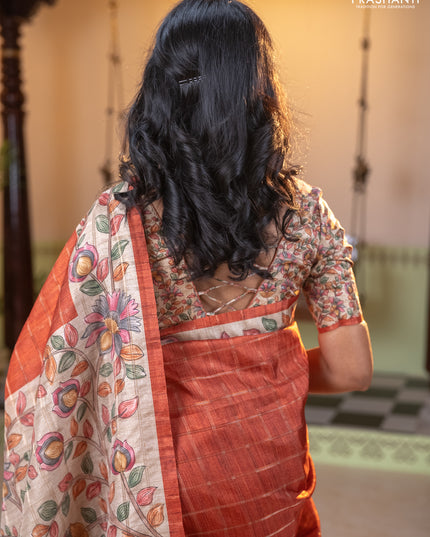 Semi tussar saree rust shade and beige with allover zari checked pattern and kalamkari printed pallu