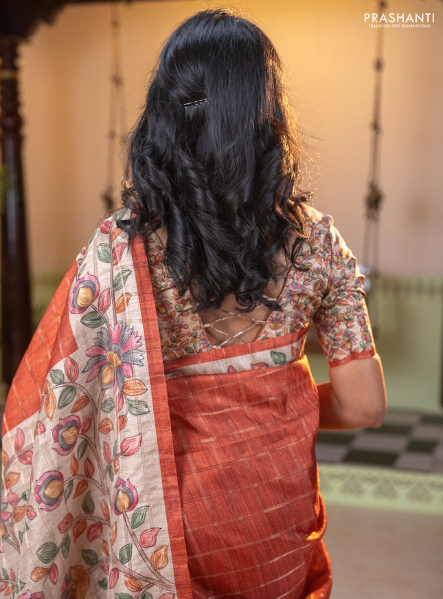 Semi tussar saree rust shade and beige with allover zari checked pattern and kalamkari printed pallu