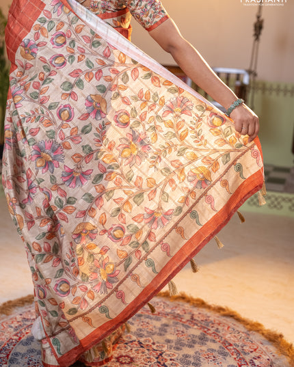 Semi tussar saree rust shade and beige with allover zari checked pattern and kalamkari printed pallu