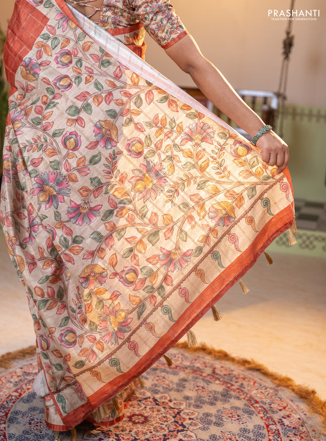 Semi tussar saree rust shade and beige with allover zari checked pattern and kalamkari printed pallu