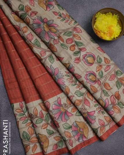 Semi tussar saree rust shade and beige with allover zari checked pattern and kalamkari printed pallu