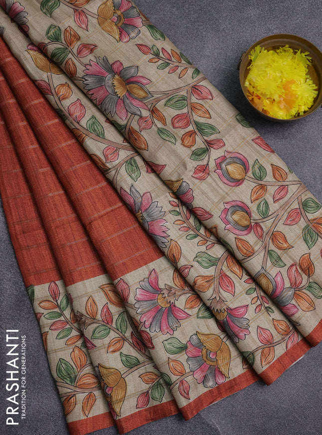 Semi tussar saree rust shade and beige with allover zari checked pattern and kalamkari printed pallu