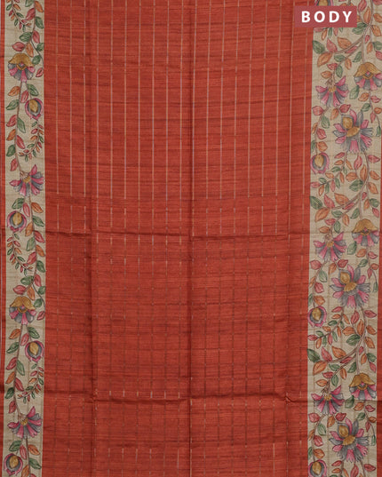 Semi tussar saree rust shade and beige with allover zari checked pattern and kalamkari printed pallu