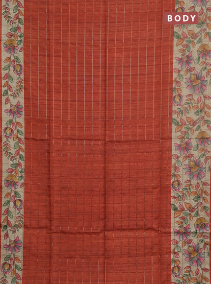 Semi tussar saree rust shade and beige with allover zari checked pattern and kalamkari printed pallu