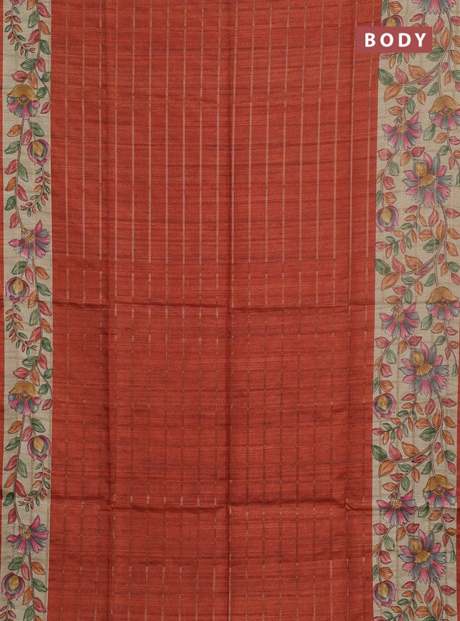 Semi tussar saree rust shade and beige with allover zari checked pattern and kalamkari printed pallu