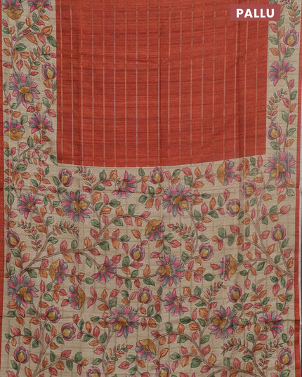 Semi tussar saree rust shade and beige with allover zari checked pattern and kalamkari printed pallu