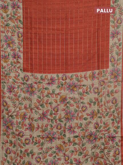 Semi tussar saree rust shade and beige with allover zari checked pattern and kalamkari printed pallu