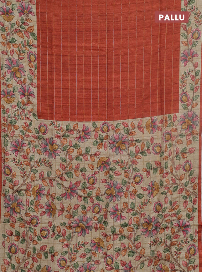 Semi tussar saree rust shade and beige with allover zari checked pattern and kalamkari printed pallu