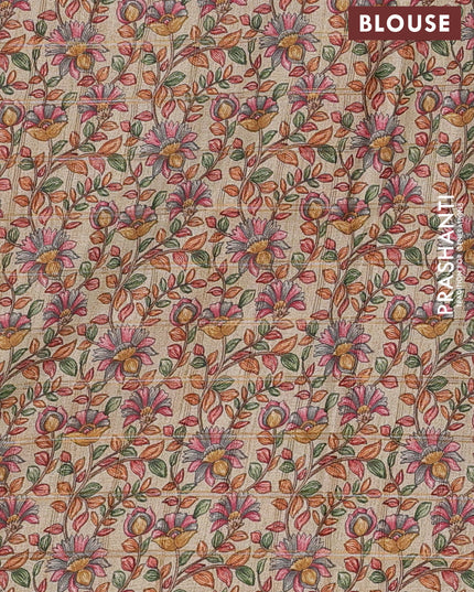 Semi tussar saree rust shade and beige with allover zari checked pattern and kalamkari printed pallu