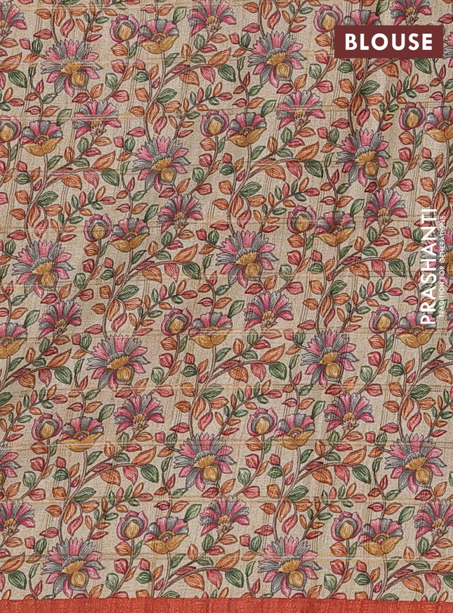 Semi tussar saree rust shade and beige with allover zari checked pattern and kalamkari printed pallu