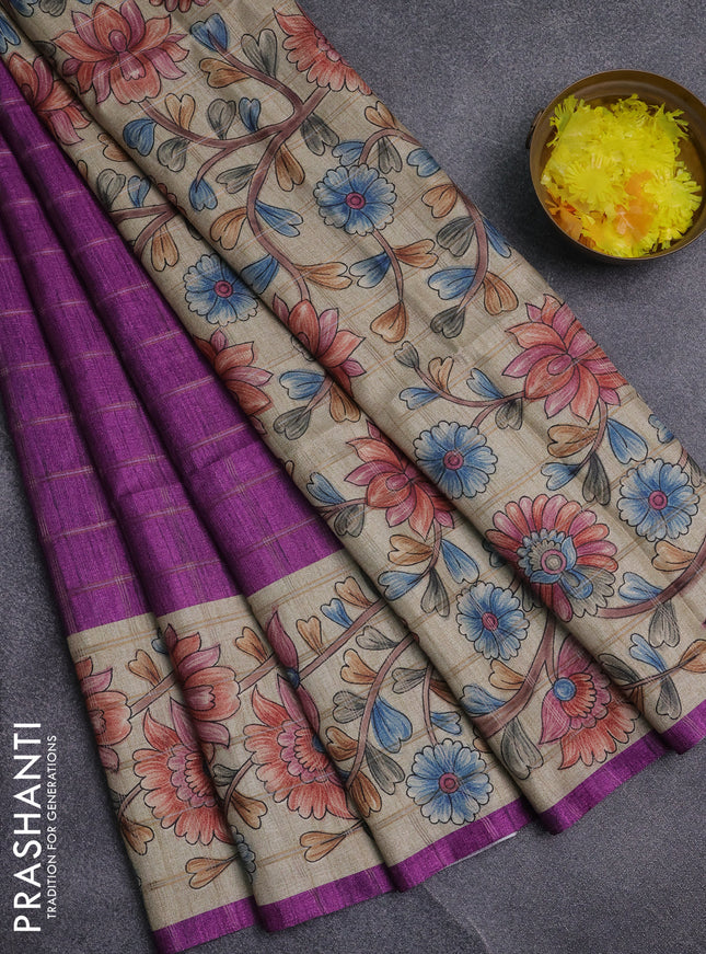 Semi tussar saree purple and beige with allover zari checked pattern and kalamkari printed pallu