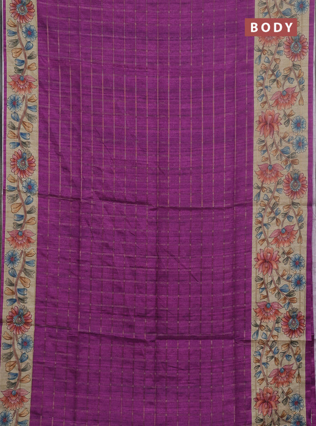 Semi tussar saree purple and beige with allover zari checked pattern and kalamkari printed pallu