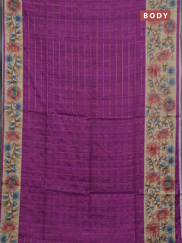 Semi tussar saree purple and beige with allover zari checked pattern and kalamkari printed pallu