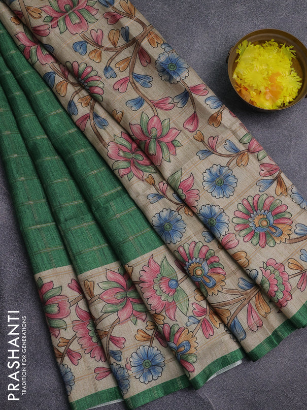 Semi tussar saree green and beige with allover zari checked pattern and kalamkari printed pallu