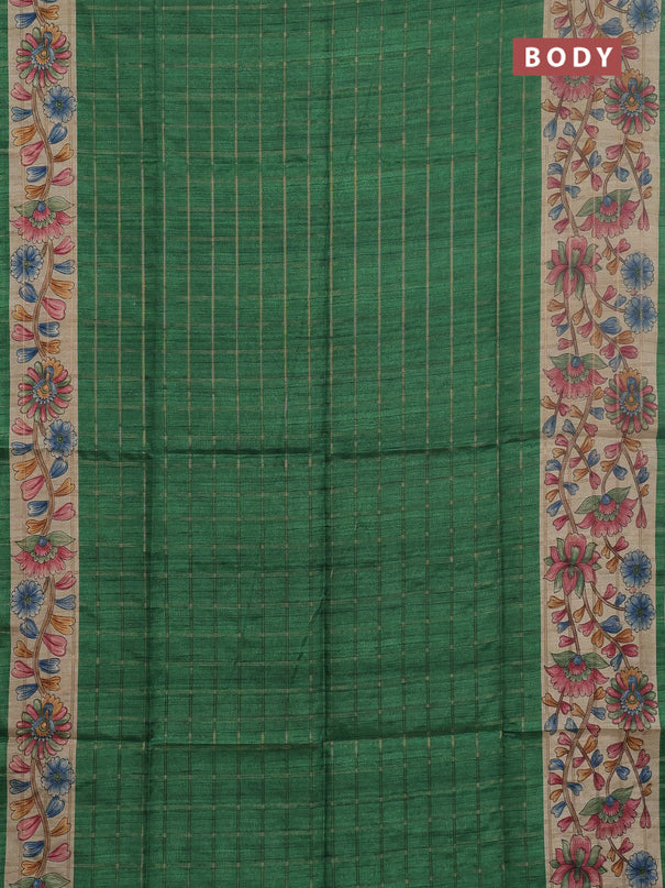 Semi tussar saree green and beige with allover zari checked pattern and kalamkari printed pallu