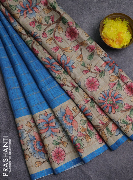 Semi tussar saree cs blue and beige with allover zari checked pattern and kalamkari printed pallu