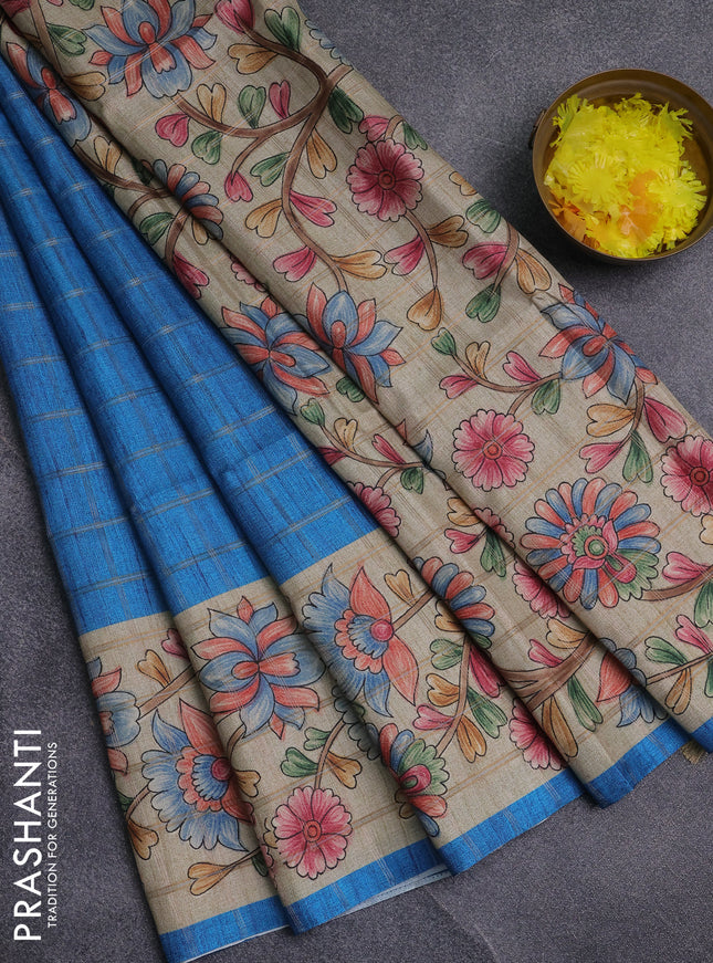 Semi tussar saree cs blue and beige with allover zari checked pattern and kalamkari printed pallu