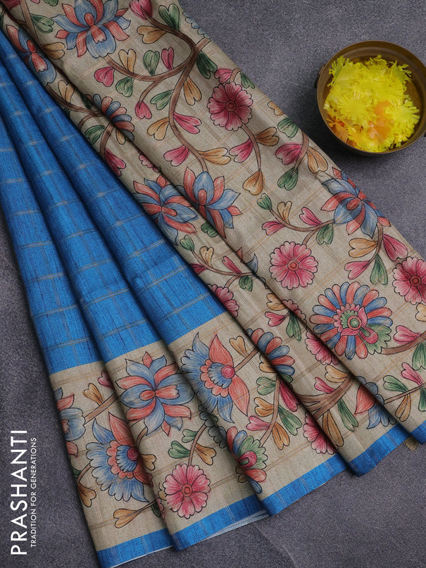 Semi tussar saree cs blue and beige with allover zari checked pattern and kalamkari printed pallu