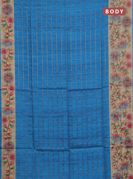 Semi tussar saree cs blue and beige with allover zari checked pattern and kalamkari printed pallu