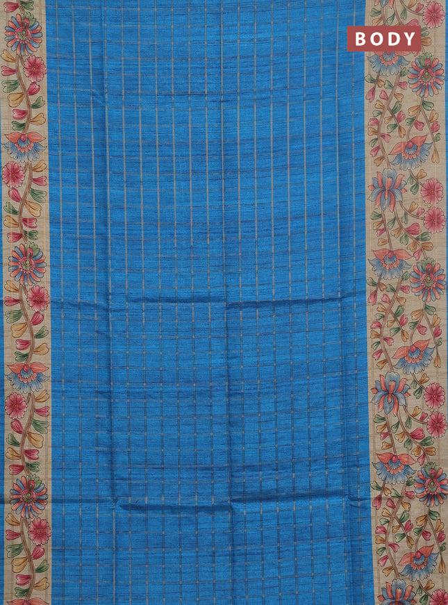 Semi tussar saree cs blue and beige with allover zari checked pattern and kalamkari printed pallu