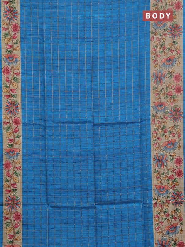 Semi tussar saree cs blue and beige with allover zari checked pattern and kalamkari printed pallu