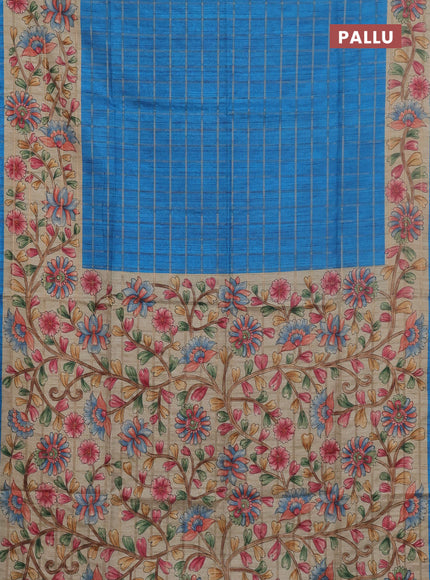 Semi tussar saree cs blue and beige with allover zari checked pattern and kalamkari printed pallu