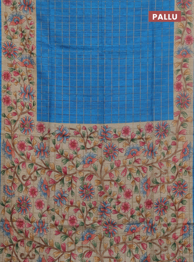 Semi tussar saree cs blue and beige with allover zari checked pattern and kalamkari printed pallu