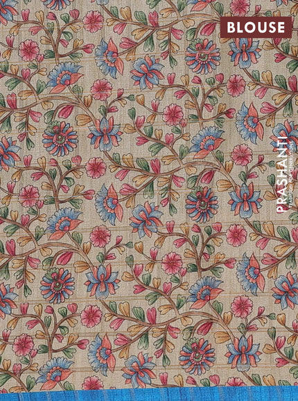 Semi tussar saree cs blue and beige with allover zari checked pattern and kalamkari printed pallu