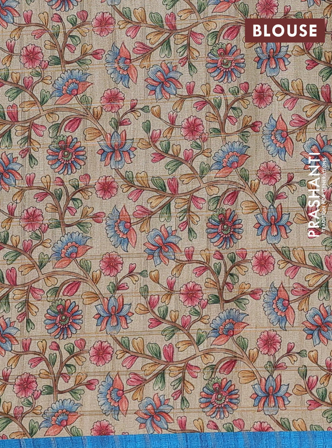 Semi tussar saree cs blue and beige with allover zari checked pattern and kalamkari printed pallu